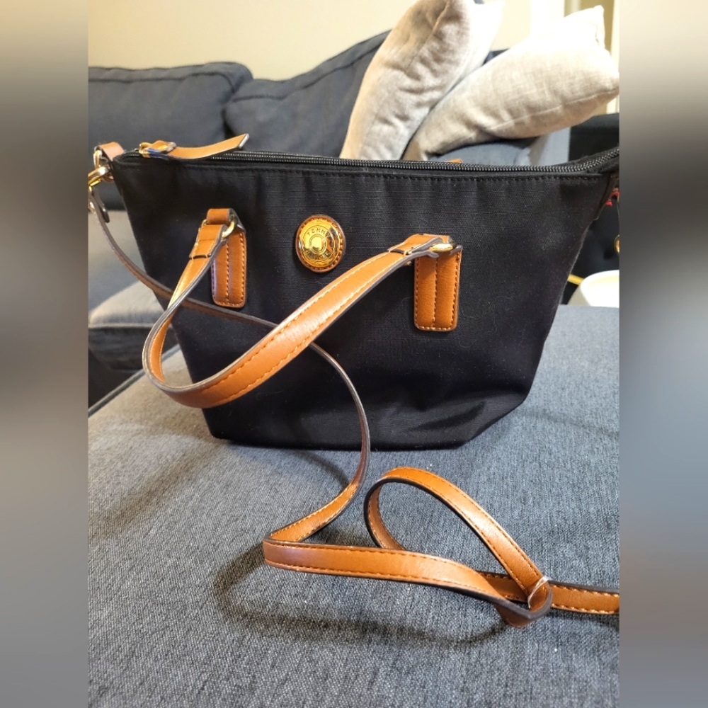 Tommy Hilfiger, Medium size handbag, black with brown straps